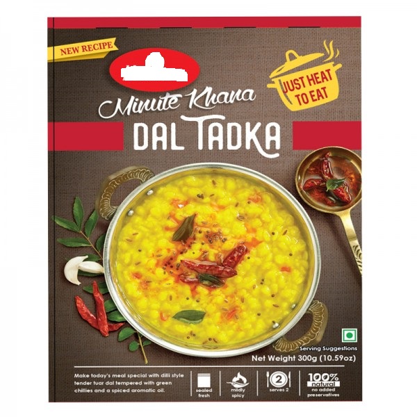 DAL TADKA READY MEAL CONTAINING WATER, SPLIT PULSE RED GRAM, TOMATOES, ONIONS, REFINED SUNFLOWER OIL, SPLIT GRAM, FRESH GINGER, FRESH GARLIC, GREEN CHILLI, SALT, CORRIANDER POWDER, RED CHILLI, TURMERIC POWDER, CUMIN, CORIANDER LEAVES, DRIED FENUGREEK LEAVES.
PACKAGED IN 300G READY TO EAT POUCH.