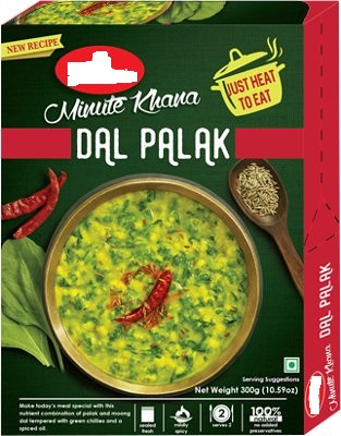 DAL PALAK READY MEAL. INGREDIENTS: WATER, SPINACH, SPLIT GREEN GRAM . SPLIT PULSE RED GRAM, TOMATOES, ONIONS, SUNFLOWER OIL, FRESH GINGER, FRESH CHILLI, FRESH GARLIC, AND VARIOUS SPICES. 
COMES IN 300G READY TO EAT FOOD POUCH
