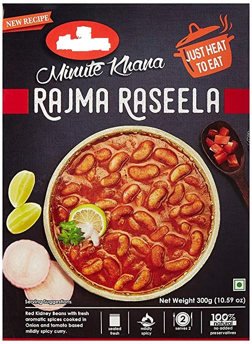 RAJMA RASEELA READY MEAL. INGREDIENTS: WATER, TOMATOES, RED KIDNEY BEANS, ONIONS, REFINED SUNFLOWER OIL, SALT, FRESH GINGER, FRESH GARLIC, SPICES (CARDAMOM, CINNAMON, NUTMEG, MACE, CUMIN SEEDS, CORIANDER, CLOVES, CURRY LEAVES), RED CHILLI POWDER, CORIANDER LEAVES AND BAY LEAVES. PACKAGED IN A 300G POUCH.