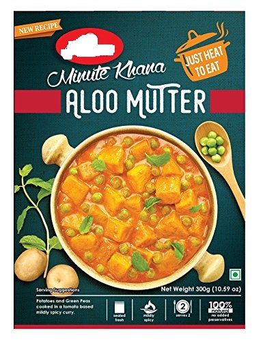 ALOO  MUTTER READY MEAL. INGREDIENTS: TOMATOES, POTATO, WATER, GREEN PEAS, REFINED SUNFLOWER OIL, ONIONS, FRESH GINGER, SALT, GREEN CHILLI, FRESH GARLIC, CASHEWS, SPICES (CARDAMOM, CINNAMON, NUTMEG, MACE, CUMIN SEEDS, CORIANDER, CLOVES, CURRY LEAVES), CORIANDER LEAVES, RED CHILLI POWDER, TURMERIC POWDER, DRIED FENUGREEK LEAVES. IN A 300G POUCH PUT UP FOR RETAIL SALE.