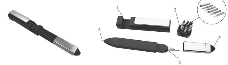 PEN WITH FOLLOWING FEATURES: PHONE STAND, SCREWDRIVER HEADS, BALL PEN TIP, STYLUS PEN TIP AND SCREWDRIVER TIP HOLDER.