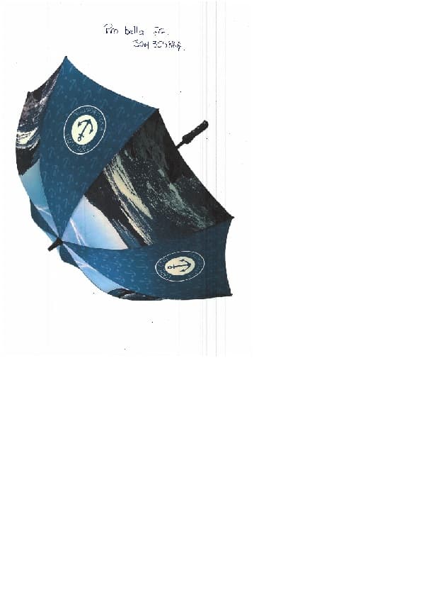 BESPOKE UMBRELLA, GOLF SIZE WITH  FIBREGLASS POLE AND FIBREGLASS RIBS. THE CANOPY IS MADE FROM POLYESTER AND HAS MANUAL OPENING. UMBRELLA IS MADE OF 8 PANELS WITH ALTERNATING PATTERNS ON IT. PANEL HAS EITHER A PICTURE OF THE SEA AND ROCKS ON IT OR SMALL ANCHORS ON A BLUE BACKGROUND WITH A CIRCULAR LOGO IN WHITE WITH CAPE COD ALWAYS BEAUTIFUL AROUND THE EDGE AND AN ANCHOR IN THE MIDDLE.