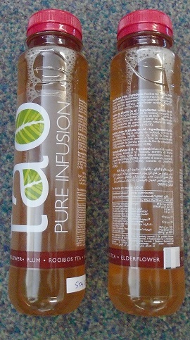 INFUSION  ROOIBOS TEA DRINK.
ROOIBOS TEA INFUSION, FRUIT EXTRACT (CAROB APPLE) LEMON JUICE FROM CONCENTRATE, PLUM JUICE FROM CONCENTRATE, ACERROLA EXTRACT, ELDERFLOWER EXTRACT, PASSION FLOWER EXTRACT. 
PACKAGED IN A 330 ML PLASTIC BOTTLE, READY FOR CONSUMPTION.
