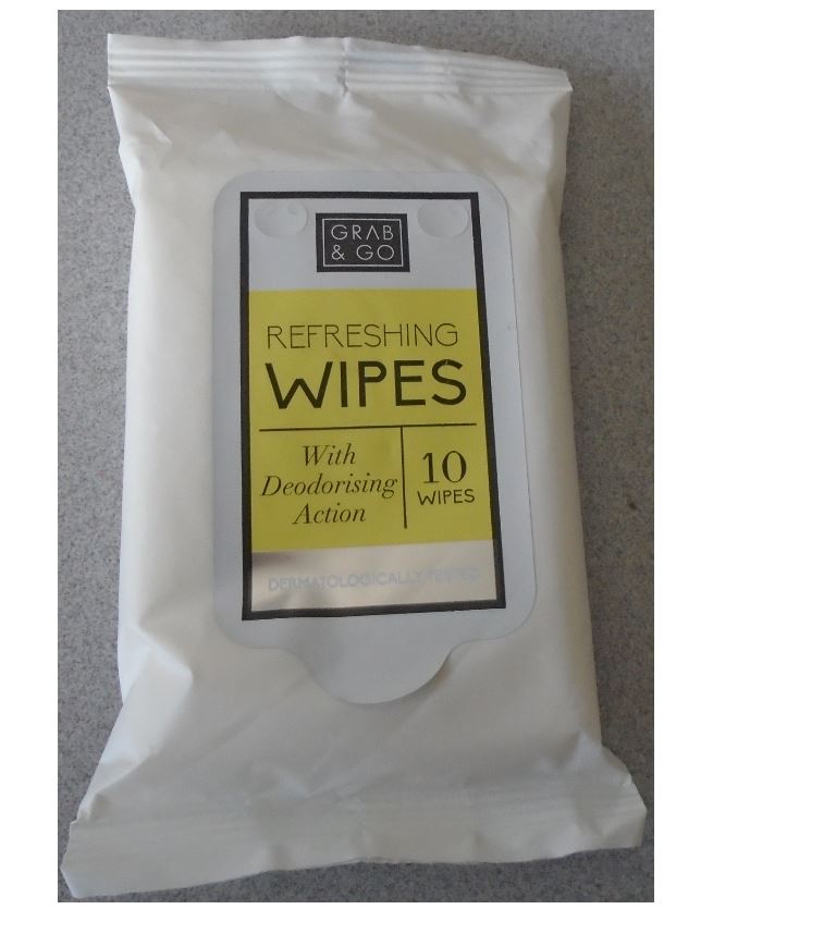 DEODORANT WIPES, 
INGREDIENTS: AQUA, ALCOHOL DENAT, PROPYLENE GLYCOL, BENZALKONIUM CHLORIDE, PHENOXYETHANOL, PARFUM, PANTHNOL, CAPRYL/CAPARAMIDOPROPYL BETAINE, METHYLPARABEN, PROPYLPARABEN, 2-BROMO- 2-NITROPANE- 1, 3-DIOL, CITRIC ACID, BUTYLPHENYL METHYPROPIONAL, COUMARIN, HYDROXYMETHYLENTY 3-CYCLOHEXENECARBOXALDEHYDE, LINALOOL
10 DEODORISING WIPES PACKAGED IN A RESEALABLE PRINTED PACKET FOR RETAIL SALE
MANUFACTURED IN CHINA.