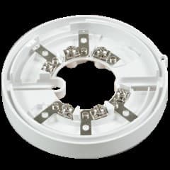 MOUNTING BASE FOR A SMOKE OR HEAT DETECTOR WITH AN OPERATING VOLTAGE OF 20-38V D.C. 
IT COMPRISES OF A CIRCULAR PLASTIC (ACRYLONITRILE BUTADIENE STYRENE OR ABS) MOUNTING WITH METAL FASTENINGS AND METAL CONNECTORS SPECIFIC TO THE DETECTOR RANGE BEING USED WITH THE BASE. DIMENSIONS 104.5 MM X 15.0 MM.
THE TERMINALS PROVIDE TRANSMISSION OF ELECTRICAL POWER AND DATA TO AND FROM THE MOUNTED DETECTOR. 
THE PRODUCT CANNOT BE USED ON A STAND-ALONE BASIS BUT ONLY AS PART OF A FIRE ALARM CONTROL SYSTEM. 
IT HAS NO INBUILT WARNING FUNCTION AND PERFORMS NO PHYSICAL OR CHEMICAL ANALYSIS. 
IT DOES NOT HAVE AN INTEGRAL SOUNDER OR RECORDING DEVICE. IT IS SOLD SINGLY IN ITS OWN SMALL CARDBOARD BOX .
