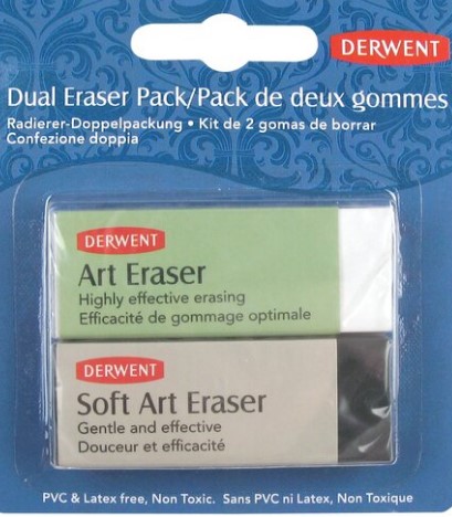 AN ERASER FOR THE REMOVAL OR BLENDING OF PENCIL MARKS WHETHER WRITTEN OR FOR DRAWING MANUFACTURED FROM TPE (THERMOPLASTIC ELASTOMER) ERASER PELLET. COMES IN A PACK OF TWO, COLOUR-BLACK AND WHITE WITH COVERING AROUND EACH ERASER. PACKAGERD ON A PIECE OF CARDBOARD WITH CLEAR PLASTIC CASEING.