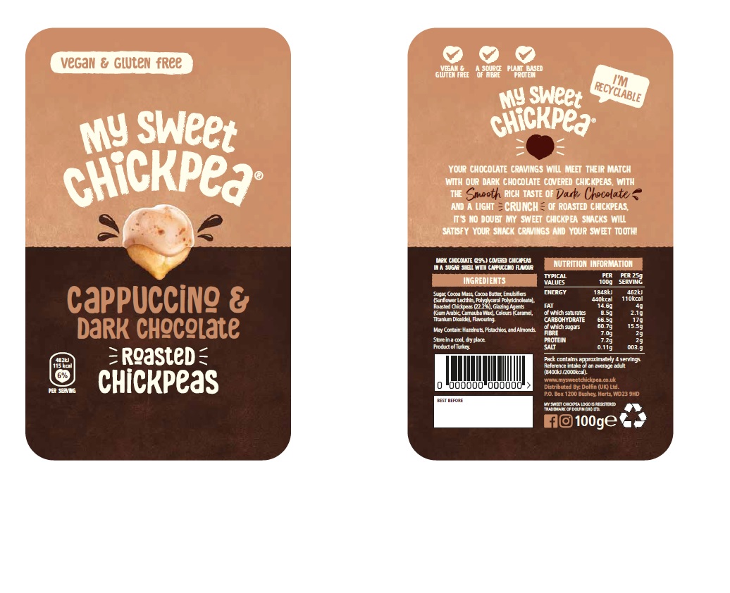 DARK CHOCOLATE COVERED CHICKPEAS IN A SUGAR SHELL WITH CAPPUCCINO FLAVOUR. INGREDIENTS ARE SUGAR, COCOA MASS, COCOA BUTTER, EMULSIFIERS (SUNFLOWER LECITHIN, POLYGLYCEROL POLYRICINOLEATE), ROASTED CHICKPEAS, GLAZING AGENTS (GUM ARABIC, CARNAUBA WAX), COLOURS (CARAMEL, TITANIUM DIOXIDE), AND FLAVOURING. CONTAINED IN A 100 GRAMME BAG, PUT UP FOR RETAIL SALE