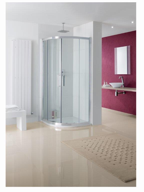 PARTIALLY- ASSEMBLED BATHROOM SHOWER ENCLOSURE KIT, EXCLUDING DOOR GLASSES, DESIGNED TO BE MOUNTED AND FIXED BETWEEN TWO WALLS AS A QUADRANT SLIDING UNIT. 
CONSISTING OF: - FIXED PANELS; TWO FIXED PANELS 8MM SAFETY GLASS, FRAMED WITH ALUMINIUM PROFILES & INCLUDING ALL SEALS (MAGNETIC, FOR CLOSING THE DOOR PANELS - PACKAGED SEPARATELY, AND EDGE SEALS FOR SEALING BETWEEN FIXED AND MOVABLE PARTS, INCORPORATING WHEEL ASSEMBLIES FOR EACH CORNER & ALL FIXING DEVICES, SCREWS, WASHERS, COVER CAPS). 
DOOR GLASSES PACKAGED SEPARATELY.