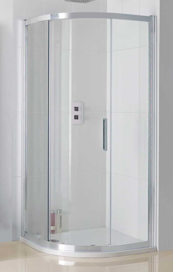 PARTIALLY ASSEMBLED BATHROOM SHOWER ENCLOSURE KIT, EXCLUDING DOOR GLASSES, DESIGNED TO BE MOUNTED AND FIXED BETWEEN TWO WALLS AS A QUADRANT SLIDING UNIT. 
CONSISTING OF: - FIXED PANELS; TWO FIXED PANELS 8MM SAFETY GLASS, FRAMED WITH ALUMINIUM PROFILES & INCLUDING ALL SEALS (MAGNETIC, FOR CLOSING THE DOOR PANELS - PACKAGED SEPARATELY, AND EDGE SEALS FOR SEALING BETWEEN FIXED AND MOVABLE PARTS, INCORPORATING WHEEL ASSEMBLIES FOR EACH CORNER & ALL FIXING DEVICES, SCREWS, WASHERS, COVER CAPS). 
DOOR GLASSES PACKAGED SEPARATELY.