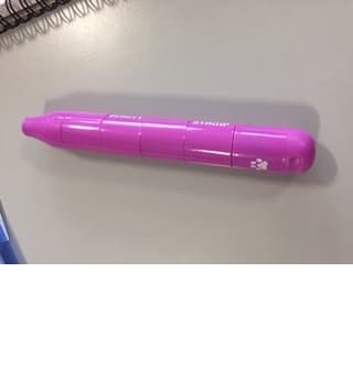 A PINK PEN SHAPED STAMPER MADE FROM PLASTIC AND RUBBER, DESIGNED TO STAMP SHAPES ONTO YOUR FACE/BODY. 
THE PLASTIC STAMPER COMES APART INTO SECTIONS, EACH SECTION HAS A DIFFERENT DESIGN ON THE RUBBER STAMP HEAD.
THE STAMP HEADS CAN BE USED WITH EYESHADOW, EYE GLITTER, EYE LINER. THE STAMP HEAD IS DIPPED  INTO THE PRODUCT OF CHOICE AND THEN CAN BE STAMPED ON THE SELECTED PART OF THE FACE/BODY.