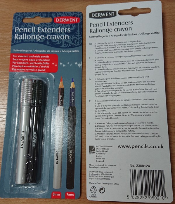 PENCIL EXTENDERS THAT ALLOWS YOU TO HOLD SHORTER LENGTHS OF PENCILS THAT WOULD BE DIFFICULT TO USE. INSERT THE PENCIL INTO THE EXTENDER AND BY TIGHTENING THE THREADED COLLAR IT GRIPS THE RIGID SHEATH OF THE PENCIL PROVIDING AN EXTENSION. MADE FROM ALUMINIUM AND PACKAGED ON A PRINTED CARDBOARD BACKING FOR RETAIL SALE.