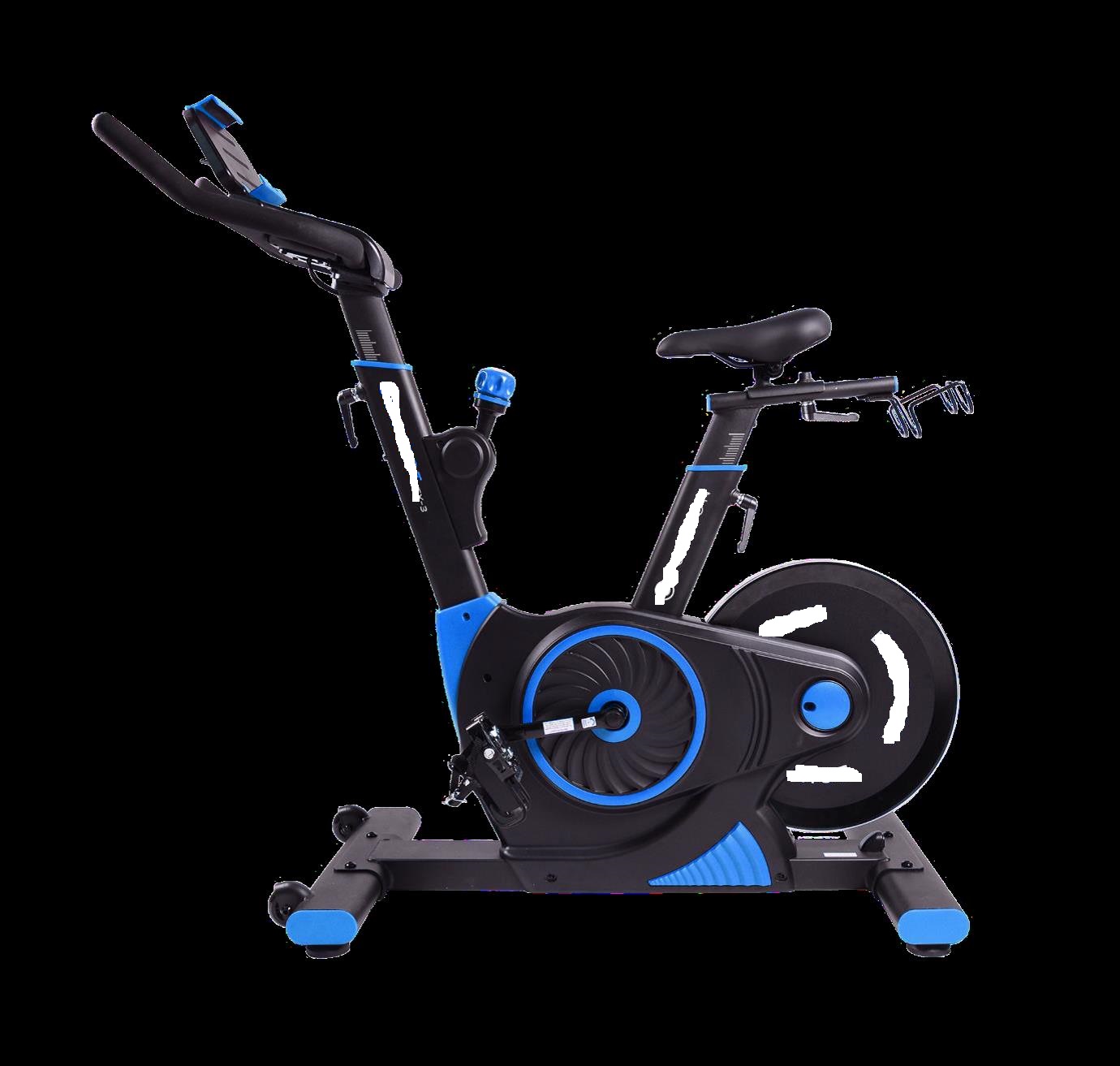 A STATIONARY EXERCISE BIKE SPECIFICALLY TO BE USED INDOORS, EITHER IN A GYMNASIUM OR A PRIVATE HOME. IT IS DESIGNED TO PROVIDE A LOW-IMPACT EXERCISE WHICH DOES NOT PUT A STRAIN ON JOINTS OR MUSCLES. 

THE PRODUCT IS MADE FROM A WELDED POWDER COATED TRIANGULAR STEEL FRAME. WITH PLASTIC TRIMS. THE COLOUR IS BLUE WITH A COMPACT FOOT PRINT OF 59"L X 23" W THE WEIGHT IS APPROXIMATELY 105LBS. IT IS POWERED BY A CHAINLESS MAGNETIC RESISTANCE SYSTEM. IT HAS A COMPETITION 6 INCH SEAT AND A CONSOLE LEVER-STYLE ADJUSTMENT, A HANDHELD RACK ON SEAT GLIDE AND ATTACHED TO THE REAR OF THE BIKE FRAME ARE TWO WATER BOTTLE HOLDERS.

IT HAS BLUETOOTH CAPABILITIES TO CONNECT ANY SMARTPHONE OR TABLET FOR WIRELESS HEARTRATE MONITORING WITH A BUILT-IN BLUETOOTH SPEAKER. A CONSUL BRACKET IS PROVIDED TO MOUNT A TABLET AND A 2.4 UNIVERSAL SERIAL BUS (USB) PORT TO CHARGE ELECTRONICS. IT HAS A 33 POUND MAGNETIC FLYWHEEL AND A MOTOR PROVIDING 32 RESISTANCE LEVELS WITH AN INDEXING RESISTANCE ADJUSTMENT KNOB TO MAKE THE BIKE EASIER OR HARDER TO PEDAL, TO BURN CALORIES AND BODY FAT WHILE STRENGTHENING THE HEART AND LUNGS BY PROVIDING A CARDIO WORKOUT.
THE EXERCISE BIKE IS USED AS A CARDIO EXERCISE MEDIUM. WHICH CAN BE ALSO BE USED WITH A FITNESS  APPLICATION, TO PROVIDE A VARIETY OF VIRTUAL WORKOUTS AND SPIN CLASSES, EITHER LIVE OR ON-DEMAND, IN A VIRTUAL STUDIO USING A TABLET OR SMARTPHONE. 

THIS MAX 3 MODEL HAS UPGRADED KNOBS COMPARED TO THE EX3 MODELS. 

TO BE PUT UP FOR RETAIL SALE AND PACKAGED IN A CARDBOARD BOX.