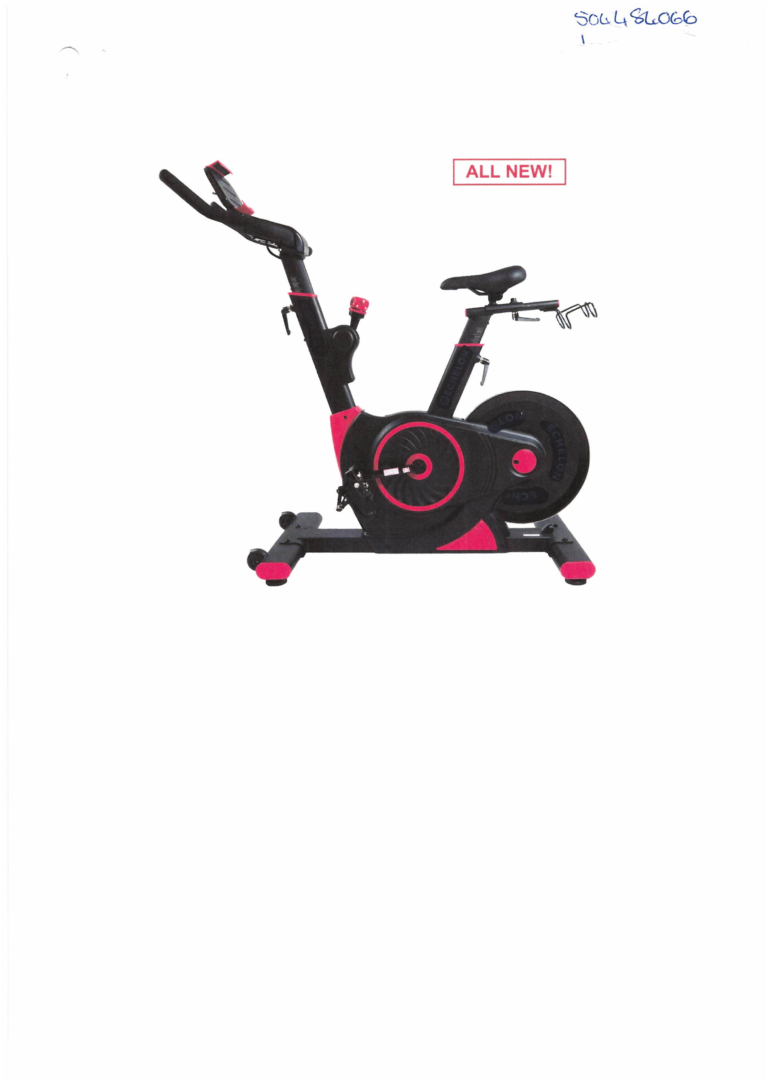 A STATIONARY EXERCISE BIKE SPECIFICALLY TO BE USED INDOORS, EITHER IN A GYMNASIUM OR A PRIVATE HOME. IT IS DESIGNED TO PROVIDE A LOW-IMPACT EXERCISE WHICH DOES NOT PUT A STRAIN ON JOINTS OR MUSCLES. 
THE PRODUCT IS MADE FROM A WELDED POWDER COATED TRIANGULAR STEEL FRAME. WITH PLASTIC TRIMS. THE COLOUR IS BLACK WITH RED TRIMS. WITH A COMPACT FOOT PRINT OF 59"L X 23" W THE WEIGHT IS APPROXIMATELY 105LBS. IT IS POWERED BY A CHAINLESS MAGNETIC RESISTANCE SYSTEM. IT HAS A COMPETITION 6 INCH SEAT AND A CONSOLE LEVER-STYLE ADJUSTMENT, A HANDHELD RACK ON SEAT GLIDE AND ATTACHED TO THE REAR OF THE BIKE FRAME ARE TWO WATER BOTTLE HOLDERS.
IT HAS BLUETOOTH CAPABILITIES TO CONNECT ANY SMARTPHONE OR TABLET FOR WIRELESS HEARTRATE MONITORING WITH A BUILT-IN BLUETOOTH SPEAKER. A CONSUL BRACKET IS PROVIDED TO MOUNT A TABLET AND A 2.4 UNIVERSAL SERIAL BUS (USB) PORT TO CHARGE ELECTRONICS. IT HAS A 33 POUND MAGNETIC FLYWHEEL AND A MOTOR PROVIDING 32 RESISTANCE LEVELS WITH AN INDEXING RESISTANCE ADJUSTMENT KNOB TO MAKE THE BIKE EASIER OR HARDER TO PEDAL, TO BURN CALORIES AND BODY FAT WHILE STRENGTHENING THE HEART AND LUNGS BY PROVIDING A CARDIO WORKOUT.
THE EXERCISE BIKE IS USED AS A CARDIO EXERCISE MEDIUM. WHICH CAN BE ALSO BE USED WITH A FITNESS  APPLICATION, TO PROVIDE A VARIETY OF VIRTUAL WORKOUTS AND SPIN CLASSES, EITHER LIVE OR ON-DEMAND, IN A VIRTUAL STUDIO USING A TABLET OR SMARTPHONE. 
TO BE PUT UP FOR RETAIL SALE AND PACKAGED IN A CARDBOARD BOX.