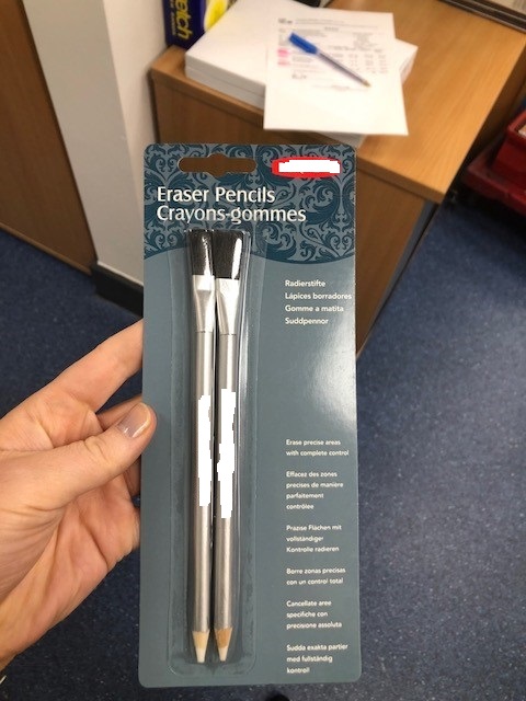 PACK OF TWO ERASER PENCILS.THE CORE OF THE PENCILS ARE MADE OF THERMOPLASTIC RUBBER (TPR) ENCLOSED IN A WOODEN SHEATH. THERE IS A BRUSH FITTING ON THE END OF THE PENCILS AS A SECONDARY FUNCTION TO CLEAR DEBRIS. USED FOR PRECISION REMOVAL OF PENCIL MARKS ON PAPER. PACKAGED ON A CARDBOARD BASE WITH A PLASTIC COVER.