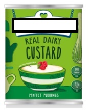 A FOOD PREPARATION OF MILK (REAL DAIRY CUSTARD) WITH ADDED SWEETENING MATTER OF 6.99%.
INGREDIENTS: WHOLE MILK, WATER, SKIMMED MILK, SUGAR, MODIFIED TAPIOCA STARCH, MILK SOLIDS, BETA CAROTENE, FLAVOUR AND DISODIUM PHOSPHATE.
PACKED  IN 400G TINS.
