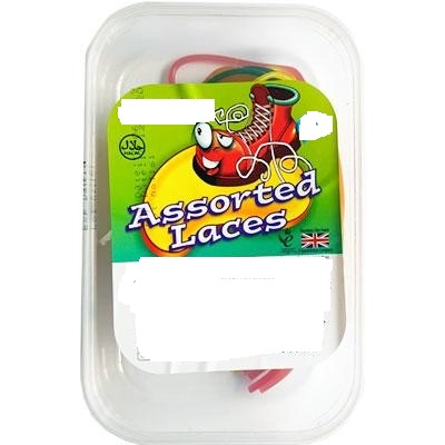 ASSORTED LACE JELLY CONFECTIONARY SWEETS. 
INGREDIENTS: SUGAR, GLUCOSE SYRUP, WHEAT FLOUR, WATER, VEGETABLE OIL (PALM OIL), ACIDITY REGULATOR (CITRIC ACID), APPLE JUICE CONCENTRATE, HUMECTANT (SORBITOL), FLAVOURINGS, GLAZING AGENTS (VEGETABLE OIL PALM OIL, CARNAUBA WAX, BEES WAX), EMULSIFIER (MONO AND DIGLYCERIDES), COLOURS (E100 (ii), E141, E160a (ii), E162, E163)
PACKAGED IN 220 GRAM RECTANGULAR PLASTIC TUB, LENGTH 570MM, WIDTH 200MM, HEIGHT 250MM
