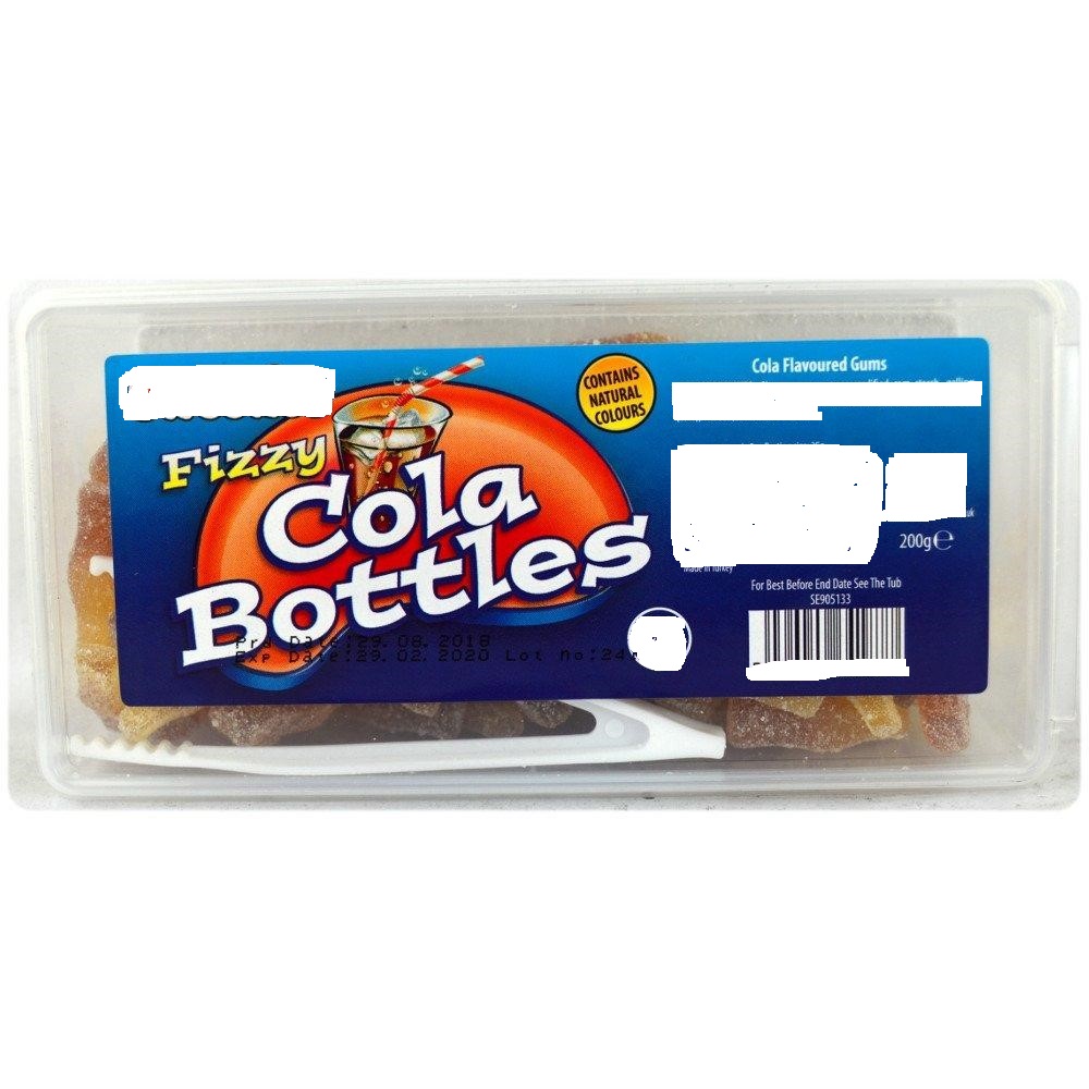 200 GRAM SQUARE PLASTIC TUB OF FIZZY COLA FLAVOURED BOTTLE GUMS. LENGTH 340MM, WIDTH 180MM,  HEIGHT 175MM
INGREDIENTS: GLUCOSE SYRUP, SUGAR, MODIFIED CORN STARCH, GELLING AGENT (BEEF GELATINE), ACIDULANT (CITRIC ACID E330 MALIC ACID E296), NATURAL IDENTICAL FLAVOURS (COLA), COLOURS (CARAMEL)