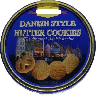 CIRCULAR TIN OF ASSORTED DANISH STYLE BUTTER COOKIES, 150 GRAMS, LENGTH 423MM, WIDTH 251MM, HEIGHT 245MM, INGREDIENTS: WHEAT FLOUR, SUGAR, PALM OIL (BUTYLATED HYDROXYANISOLE OR BHA), SHORTENING (PALM OIL, BHA, BUTYLATED HYDROXYTOLUENE OR BHT), BUTTER (CONTAINS MILK), EGG POWDER, WHEY POWDER, DESICCATED COCONUT, LEAVENING AGENTS (AMMONIUM BICARBONATE, SODIUM BICARBONATE), BUTTER FLAVOUR, VANILLA FLAVOUR. CONTAINS LESS THAN 8% BY WEIGHT OF MILKFATS.