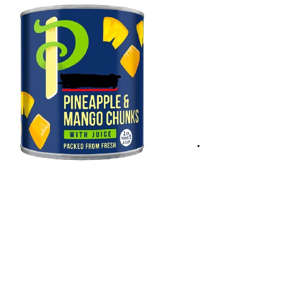 PINEAPPLE & MANGO CHUNKS IN NATURAL JUICE (PINEAPPLE, MANGO AND PASSION FRUIT). 
NO SINGLE FRUIT EXCEEDS THE TOTAL WEIGHT OF THE FRUIT
NOT CONTAINING ADDED SPIRIT
CONTAINING ADDED SUGAR, TOTAL SUGAR CONTENT IS MINIMUM BRIX  VALUE 20
THE FRUIT IS PACKAGED IN 425G CANS.
THE CAN IS DECORATED WITH THE COMPANIES NAME AND LOGO ON IT AND HAS PICTURES OF PINEAPPLE AND MANGO CHUNKS ON IT.
