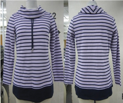 KNITTED PULLOVER FOR WOMEN. MADE OF 60% COTTON AND 40% POLYESTER. 
COVERING THE UPPER PART OF THE BODY AND REACHING DOWN ABOVE TO MID THIGH.
WITH A LARGE COLLAR/COWL NECKLINE THAT HAS A DRAWSTRING, WITHOUT FASTENINGS OR OPENING. WITH FULL LENGTH SLEEVES AND A CURVED HEM LINE. COLOUR GREY WITH BLUE/BLACK HORIZONTAL STRIPES. HAS A BLOCK COLOUR IN BLUE/BLACK AT THE BOTTOM OF THE GARMENT. IT IS SEMI FITTED. AVAILABLE IN XS (LENGTH 63.5CM) UPTO XL (LENGTH 70.80CM).