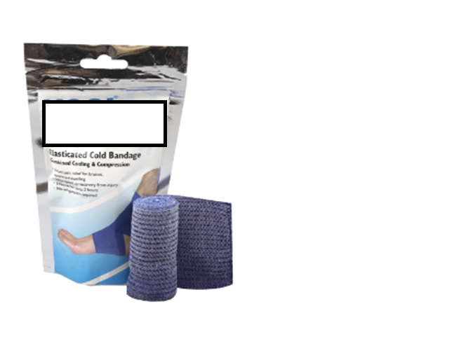SINGLE USE ELASTICATED COOLING BANDAGE. 
MADE UP OF COTTON, SPANDEX AND ELASTOMER, WHICH IS IMPREGNATED WITH A HYDROGEL.
THE BANDAGE GOES COLD WHEN IT IS REMOVED FROM THE SEALED BAG AND  COMES INTO CONTACT WITH THE AIR, REMAINING COLD FOR UP TO 2 HOURS
PRODUCT IS NOT AN ADEHISIVE DRESSING
INTENDED AS THERAPEUTIC USE FOR IMMEDIATE TREATMENT OF INFLAMMATION AND BRUISING OF MUSCLES, TENDONS AND LIGAMENTS. THE BANDAGE IS BLUE IN COLOUR AND CAN STRETCH AROUND ANY PART OF THE BODY TO COOL AND RELIEVE PAIN, THIS HELPS CONTROL THE SWELLING AROUND THE PROBLEM AREA. CAN BE CUT TO REQUIRED SIZE AND REMAINING OF THE BANDAGE CAN BE RESEALED IN THE AIRTIGHT ZIP BAG/PACKAGING. 
PUT UP FOR RETAIL SALE. THE BAG HAS A PICTURE OF A LEG AND FOOT SHOWING THE BANDAGE AROUND THE ANKLE. IT HAS THE COMPANY LOGO WRITTEN ON THE BAG WITH INSTRUCTIONS ON HOW TO USE THEM.