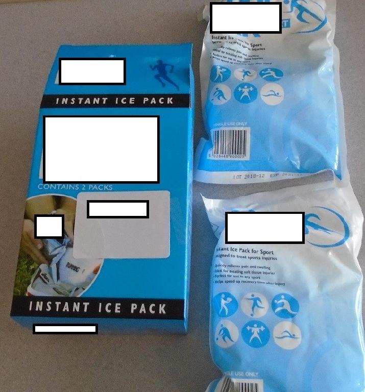 A SINGLE USE INSTANT ICE PACK. CAN BE USED FOR COLD THERAPY FOR THE TREATMENT OF SOFT TISSUE INJURIES, BRUISES, MUSCLE PAIN AND SWELLING. COMPRISES OF: 50% WATER 50% UREA. THE ICE PACK COMES IN A PLASTIC BAG WHICH IS ACTIVATED BY SQUEEZING THE LONG SIDE OF THE INNER SACHET AND SHAKING TO ACTIVATE, A CHEMICAL REACTION OF THE INGREDIENT PRODUCES THE COLD EFFECT. NO REFRIDGERATION IS REQUIRED. THE PRODUCT IS ADVERTISED WITH THE COMPANY LOGO ON THE FRONT AND WITH A PICTURE OF A RUNNING MAN. ON THE BACK OF THE PACK ARE FULL INSTRUCTIONS ON HOW TO ACTIVATE.