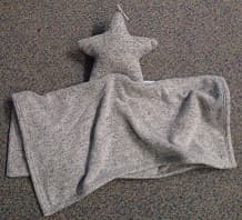 CHILDS' COMFORTER. MADE FROM 76% VISCOSE, 21%  POLYESTER, 3%  ELASTANE JERSEY KNITTED FABRIC.

A FIVE POINTED STAR IS ATTACHED (STITCHED) TO A SMALL SQUARE OF THE SAME FABRIC MEASURING 38cm X 35cm. THIS IS DOUBLE LAYERED AND BOUND ALONG ALL EDGES STITCHED WITH THE SAME FABRIC, SIMILAR TO A BIAS BINDING
 
THE STAR IS STUFFED WITH A SOFT FILLING. THE STAR AND DOUBLE LAYER FABRIC ARE USED PRIMARILY FOR CHILDREN AND BABIES AGED 0+ FOR PLAYFUL ENTERTAINMENT. DESIGNED FOR A CHILD TO HOLD GIVING CALMING EFFECT AND ACTING AS A SECURITY COMFORTER FOR AN UNSETTLED CHILD.

THE ARTICLES PACKING IS A WHITE PLASTIC HOOK ATTACHED TO THE STAR BY A PLASTIC TAG. A CARDBOARD IDENTIFICATION LABLE IS ALSO ATTACHED BY A PLASTIC TAG.