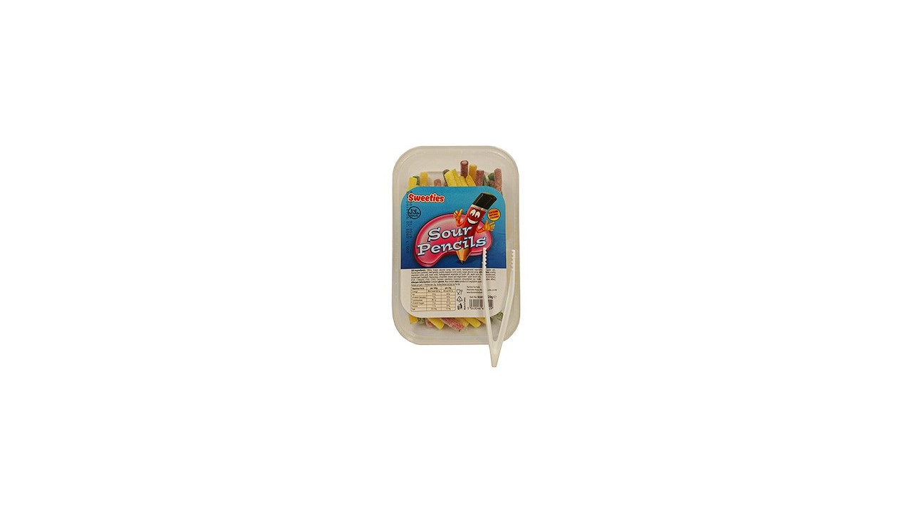 SOUR PENCILS SWEETS.
INGREDIENTS: SUGAR,  GLUCOSE SYRUP, WHEAT FLOUR, WATER, CORN STARCH, HYDROGENATED VEGETABLE OIL (PALM OIL), APPLE JUICE FROM CONCENTRATE, ACIDITY REGULATOR (CITRIC ACID, MALIC ACID) HUMECTANT (SORBITOL), BEEF GELATIN, FLAVOURINGS, EMULSIFIER (MONOGLYCERIDES ON PALM BASED OIL), COLOURS (E100(III), E141, E160A (II), E162, E163)
PACKED IN 220G TUB.