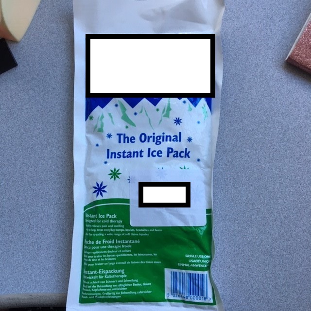 A SINGLE USE INSTANT ICE PACK. CAN BE USED FOR COLD THERAPY FOR THE TREATMENT OF SOFT TISSUE INJURIES, BRUISES, HEADACHES AND BURNS. COMPRISES OF: 50% WATER 50% UREA. THE ICE PACK COMES IN A PLASTIC BAG WHICH IS ACTIVATED BY SQUEEZING THE LONG SIDE OF THE INNER SACHET AND SHAKING TO ACTIVATE, A CHEMICAL REACTION OF THE INGREDIENTS PRODUCES THE COLD EFFECT. NO REFRIDGERATION IS REQUIRED. THE PRODUCT IS ADVERTISED WITH THE COMPANY LOGO ON THE FRONT, ON THE BACK OF THE PACK ARE FULL INSTRUCTIONS ON HOW TO ACTIVATE.
SIZE 12  X 29CM