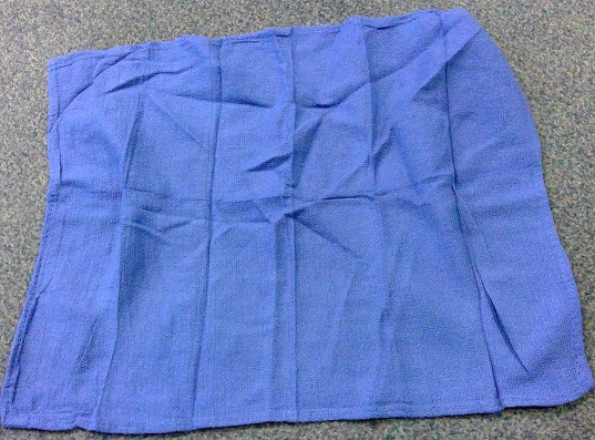 A WOVEN HAND TOWEL WITH HEMMED EDGES. 100% COTTON, COLOUR BLUE. REUSABLE, CAN BE USED FOR DRYING HANDS. APPROX SIZE 40 X 50CM.
