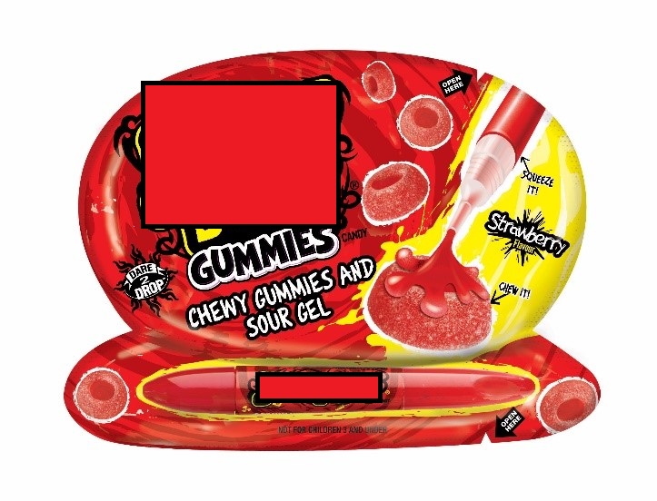 FLAVOURED GUM SWEETS WITH A FLAVOURED SOUR GEL PEN. BLUE RASPBERRY FLAVOUR.
 
INGREDIENTS:
BLUE RASPBERRY GUMMY - CORN SYRUP, SUGAR, WATER, GELATIN, GLYCERIN, CITRIC ACID, ARTIFICIAL FLAVOUR, MALIC ACID, PECTIN, ARTIFICIAL COLOURS.
BLUE RASPBERRY GEL - SUGAR, DEXTRIN, WATER, GLUCOSE SYRUP, MALIC ACID, GUM ARABIC, PECTIN, SODIUM CITRATE, BLUE RASPBERRY FLAVOUR, POTASSIUM SORBATE. COLOURS.

THE SWEETS ARE A CIRCULAR SUGAR COATED GUMMIE WITH A DIP IN THE MIDDLE TO ENABLE THE SOUR GEL TO BE SQUEEZED INTO FROM THE ENCLOSED PEN. 

PACKAGED IN A PACKET WITH TWO COMPARTMENTS, ONE FOR THE PEN AND THE OTHER FOR APPROXIMATE 11 GUMMIES, FOR RETAIL SALE. 

ALSO AVAILABLE IN STRAWBERRY FLAVOUR.
