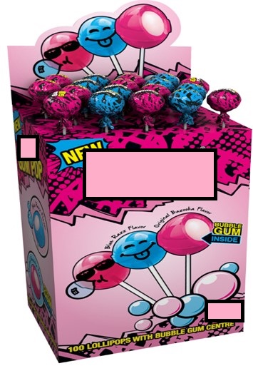 BOILED SWEET LOLLIPOP FILLED WITH BUBBLEGUM CENTRE IN ORIGINAL AND RASPBERRY FLAVOURS.

INGREDIENTS 
ORIGINAL: 
LOLLIPOP - GLUCOSE SYRUP, SUGAR, CITRIC ACID, TUTTI FRUTTI FLAVOUR AND POWDER COLOUR E163 
GUM FILLING - GLUCOSE SYRUP, GLYCERINE, SOYA LECITHIN, SUGAR, CITRIC ACID, GUM BASE, TUTTI FRUTTI FLAVOUR POWDER COLOUR E163 

BERRY
LOLLIPOP - GLUCOSE SYRUP, SUGAR, CITRIC ACID, BERRY FLAVOUR AND BLUE COLOUR E133 
GUM FILLING - GLUCOSE SYRUP, GLYCERINE, SOYA LECITHIN, SUGAR, CITRIC ACID, GUM BASE, BERRY FLAVOUR,  BLUE COLOUR E133 AND MALIC ACID 

INDIVIDUALLY WRAPPED. PACKAGED IN A MULTI BAG FOR RETAIL SALE.