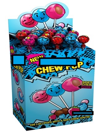LOLLIPOP WITH TAFFY CENTRE ORIGINAL FLAVOUR INGREDIENTS: 

LOLLIPOP - GLUCOSE SYRUP, SUGAR, CITRIC ACID, TUTTI FRUTTI FLAVOUR, POWDER COLOUR E163, 

TAFFY FILLING - GLUCOSE SYRUP, SUGAR, SORBITOL, VEGETABLE FAT, SOYA LECITHIN NON GMO, MALTODEXTRIN, ICE SUGAR, CITRIC ACID, TUTTI FRUITTI FLAVOUR, POWDER COLOUR E163.

INDIVIDUALLY WRAPPED. PACKAGED IN A MULTI BAG AND ALSO IN A DISPLAY BOX.