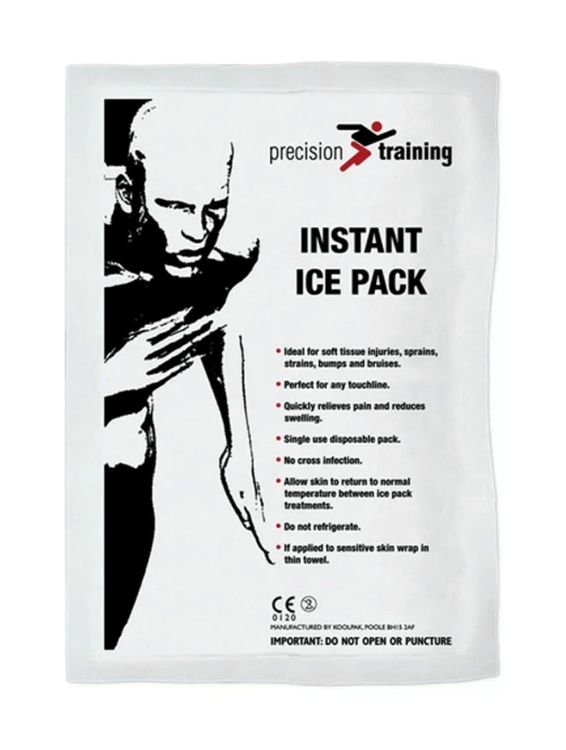 A SINGLE USE DISPOSABLE ICE PACK USED FOR SOFT TISSUE INJURIES SUCH AS SPRAINS, STRAINS AND BRUISES. DESIGNED TO BE PLACED ON THE INJURED AREA TO RELIEVE PAIN AND REDUCE SWELLING.
TO ACTIVATE THE COLD COMPRESS YOU LOCATE THE INNER SACHET AND SQUEEZE SIDES OF PACK TOGETHER UNTIL IT BURSTS, SHAKE PACK VIGOROUSLY UNTIL ICE COLD. WHEN ACTIVATED A CHEMICAL REACTION CREATES THE COLD EFFECT.
THE PACK CONTAINS 50% UREA AND 50% WATER.
THE PACK IS WHITE PLASTIC WITH A PICTURE OF A RUNNING MAN AND INSTRUCTIONS ON THE FRONT.  
EACH SACHET MEASURES 15X23CM CONTAINS 40 SACHETS IN A PACK.