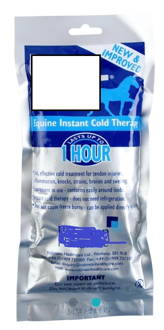 A SINGLE USE INSTANT EQUINE ICE PACK. DESIGNED FOR COLD THERAPY. COLD TREATMENT FOR TENDON INJURIES, INFLAMMATION, KNOCKS, STRAINS, BRUISES AND SWELLING.
COMPRISES OF 50%  UREA AND 50% WATER. WHEN MIXED TOGETHER THIS CREATES A CHEMICAL REACTION RESULTING IN THE PRODUCT TO PRODUCE THE COLD EFFECT.
TO ACTIVATE THE ICE PACK, LOCATE INNER SACHET AND SQUEEZE THE SIDES OF PACK TOGETHER UNTIL IT BURSTS. SHAKE PACK VIGOROUSLY UNTIL ICE COLD. THE PACK SHOULD BE WRAPPED IN A CLOTH OR PROTECTIVE SLEEVE BEFORE APPLYING DIRECTLY TO THE SKIN. THE PACK SHOULD NOT BE USED FOR  LONGER THAN 20 MINUTES  AT A TIME.
THE PRODUCT IS ADVERTISED WITH THE  COMPANY LOGO ON THE FRONT WITH A PICTURE OF A HORSE AND HAS SILVER AND BLUE PACKAGING.