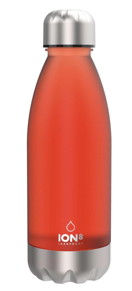 A WATER BOTTLE MADE PRIMARILY OF TRANSLUCENT STYRENE POLYMERS WITH A STAINLESS STEEL TOP AND BASE. CAPACITY OF LESS THAN TWO LITRES.
