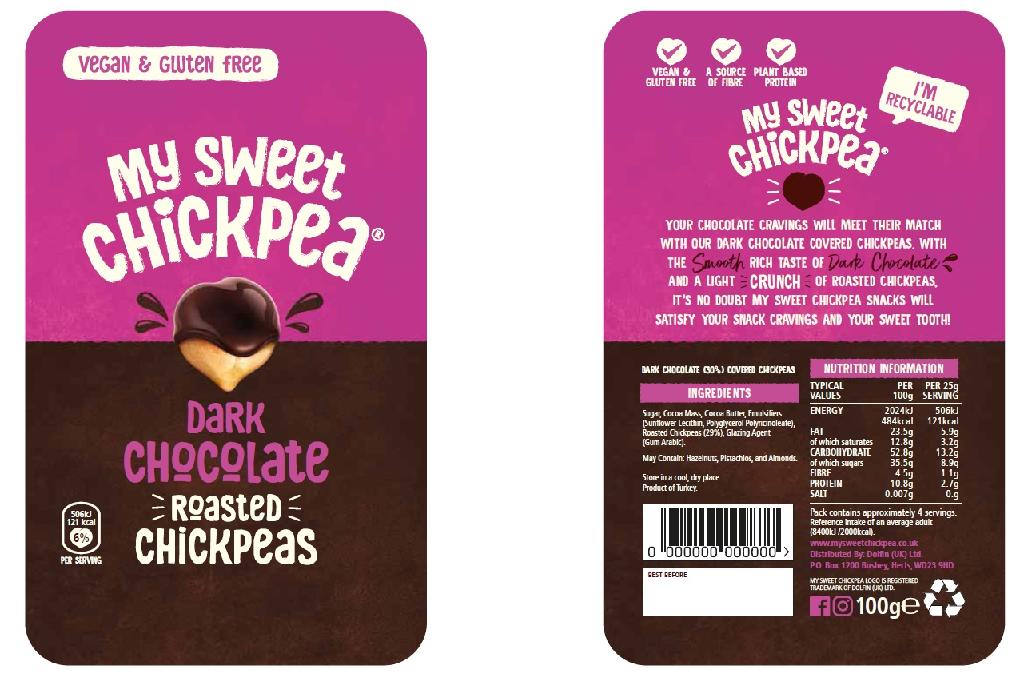 DARK CHOCOLATE COVERED CHICKPEAS. INGREDIENTS ARE SUGAR, COCOA MASS, COCOA BUTTER, EMULSIFIERS, ROASTED CHICKPEAS, AND GLAZING AGENT. CONTAINED IN A 100 GRAMME PACK. PUT UP FOR RETAIL SALE.