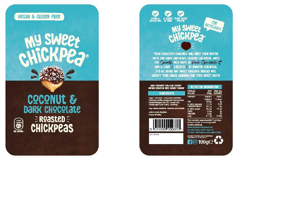 DARK CHOCOLATE AND COCONUT COVERED CHICKPEAS WITH COCONUT FLAVOUR. INGREDIENTS ARE SUGAR, COCOA MASS, COCOA BUTTER, EMULSIFIERS, ROASTED CHICKPEAS, COCONUT, GLAZING AGENT AND FLAVOURING. CONTAINED IN A 100 GRAMME PACK. PUT UP FOR RETAIL SALE.