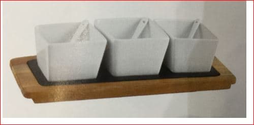 THREE PORCELAIN BOWLS ON A WOODEN BOARD WITH A REMOVABLE SLATE PLATTER.
THE BOWLS ARE 8CM SQUARE AND THE BOARD  IS 25CM X 10CM. THE SET ALSO HAS THREE PORCELAIN SPOONS.
DESIGNED TO BE USED AS A CHEESEBOARD WITH BOWLS TO HOLD ACCOMPANIMENTS.
BOXED UP FOR RETAIL SALE.