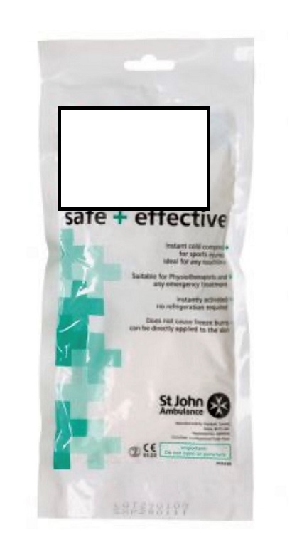 A SINGLE USE INSTANT ICE PACK. CAN BE USED FOR COLD THERAPY FOR THE TREATMENT OF SOFT TISSUE INJURIES, BRUISES, HEADACHES AND BURNS. COMPRISES OF: 50% WATER 50% UREA. THE ICE PACK COMES IN A PLASTIC BAG WHICH IS ACTIVATED BY SQUEEZING THE LONG SIDE OF THE INNER SACHET AND SHAKING TO ACTIVATE, A CHEMICAL REACTION OF THE INGREDIENTS PRODUCES THE COLD EFFECT. NO REFRIDGERATION IS REQUIRED. THE PRODUCT IS ADVERTISED WITH THE COMPANY LOGO ON THE FRONT.