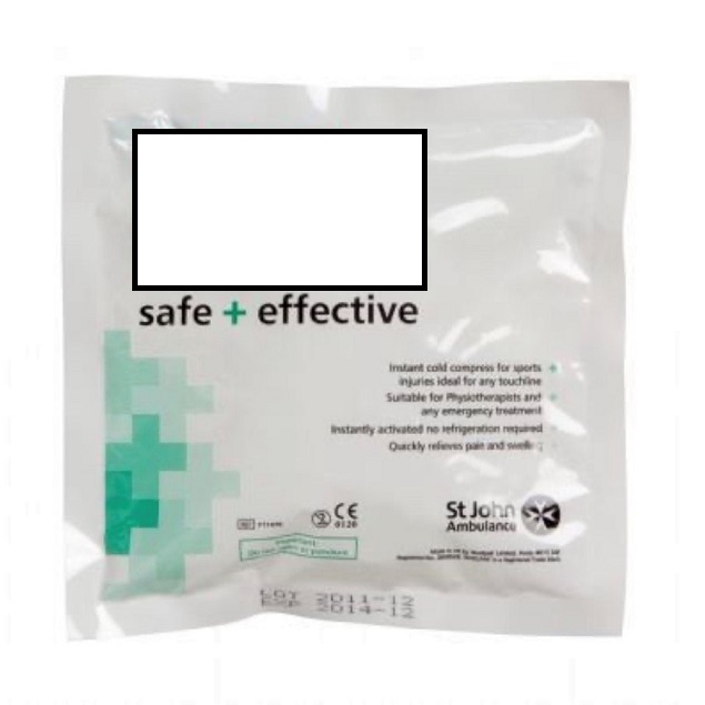 A SINGLE USE COMPACT INSTANT ICE PACK. CAN BE USED FOR COLD THERAPY FOR THE TREATMENT OF SOFT TISSUE INJURIES, BRUISES, HEADACHES AND BURNS. COMPRISES OF: 50% WATER 50% UREA. THE ICE PACK COMES IN A PLASTIC BAG WHICH IS ACTIVATED BY SQUEEZING THE LONG SIDE OF THE INNER SACHET AND SHAKING TO ACTIVATE, A CHEMICAL REACTION OF THE INGREDIENTS PRODUCES THE COLD EFFECT. NO REFRIDGERATION IS REQUIRED. THE PRODUCT IS ADVERTISED WITH THE COMPANY LOGO ON THE FRONT.