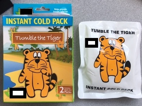 A SINGLE USE INSTANT ICE PACK. CAN BE USED FOR COLD THERAPY FOR THE TREATMENT OF BUMPS, BRUISES, HEADACHES AND SUNBURN. COMPRISES OF: 50% WATER 50% UREA. THE ICE PACK COMES IN A PLASTIC BAG WHICH IS ACTIVATED BY SQUEEZING THE LONG SIDE OF THE INNER SACHET AND SHAKING TO ACTIVATE, A CHEMICAL REACTION OF THE INGREDIENTS PRODUCES THE COLD EFFECT. NO REFRIDGERATION IS REQUIRED. THE ICE PACK IS ADVERTISED WITH A PICTURE OF A TIGER ON THE FRONT AND ON THE BACK OF THE PACK ARE FULL INSTRUCTIONS ON HOW TO ACTIVATE. IT IS SOLD AS A PACK OF TWO AND PACKAGED IN A CARDBOARD BOX WITH A PICTURE OF THE TIGER ON A BEACH PRINTED ON THE BOX. SUITABLE USE FOR CHILDREN.
SIZE 14 X 12CM