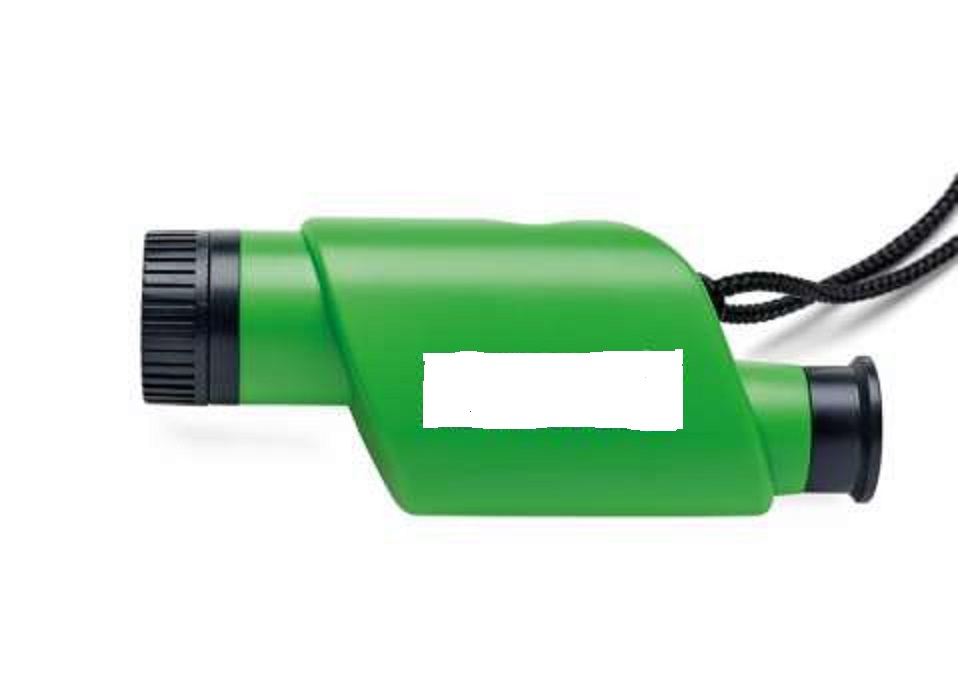 A POCKET-SIZED, LIGHTWEIGHT PLASTIC MONOCULAR. IT HAS 7X MAGNIFICATION AND 20MM LENS. WITH A BREAK-AWAY SAFETY LANYARD.  IT IS PACKAGED IN A RETAIL BOX. THE MONOCULAR IS FOR AGES 6+.