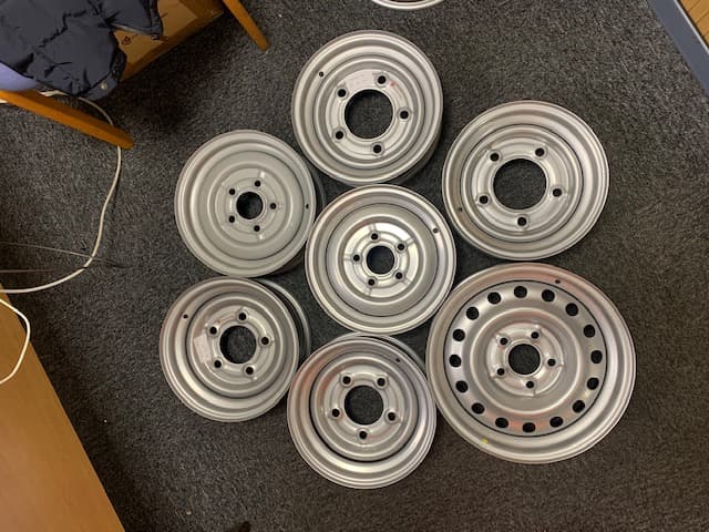 STEEL WHEELS MADE FOR PASSENGER CAR TRAILERS AND CARAVANS, AGRICULTURAL TRAILERS AND OTHER TRAILED AGRICULTURAL EQUIPMENT. IMPORTED FROM CHINA IN SIZES 7 X 8", 8.5 X 8", 4.5 X 12", 6 X 13", 4.5 X 13 ", 6 X 15" & 5.5 X 16".