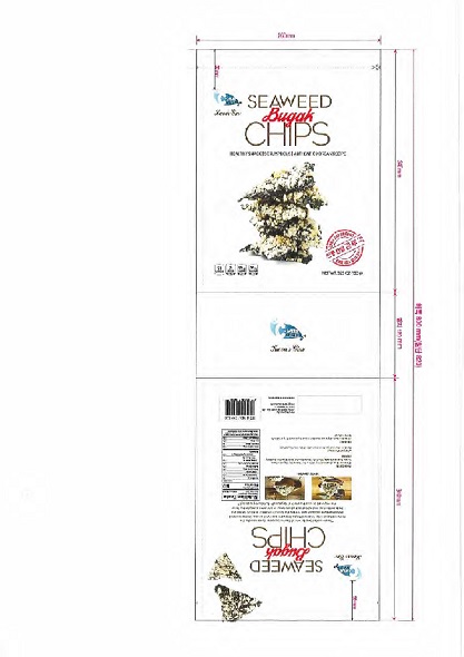 SEAWEED BUGAK CHIPS. SEAWEED THAT HAS BEEN COATED IN GLUTINOUS RICE, DRIED THEN FRIED WHICH SWELLS THE RICE TO FORM THE COATING, IT IS THEN LIGHTLY SALTED. 
INGREDIENTS: GLUTINOUS RICE, SEAWEED, HIGH OLEIC SUNFLOWER OIL, ORGANIC CANE SUGAR, SESAME SEEDS, SEA SALT, ONION POWDER, KOMBU POWDER, ANCHOVY POWDER. 
PACKAGED IN 150 GRAM BAGS.