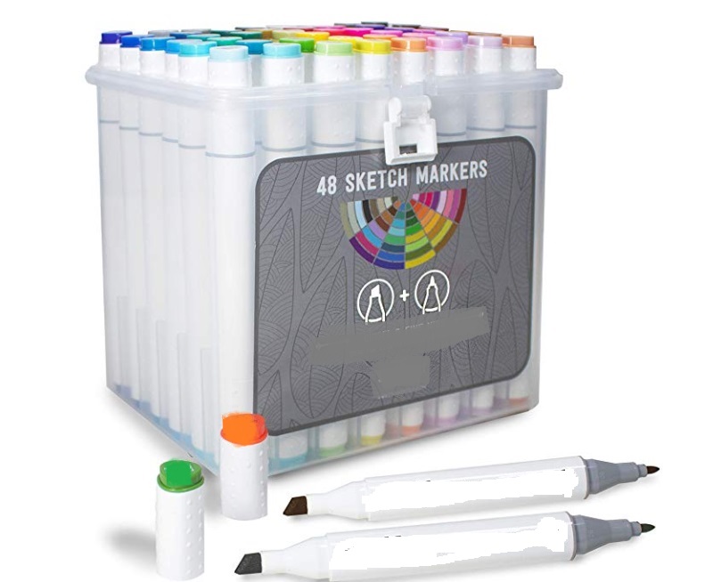 A BOX OF 48 ALCOHOL BASED SKETCH ART MARKERS WITH BLENDABLE DUAL TIPS (ONE END THERE IS A CHISEL TIP, THE OTHER END THERE IS A FINE NIB), BOTH TIPS ARE POROUS. USED FOR SKETCHING OR DRAWING. PACKAGED IN A PLASTIC BOX.