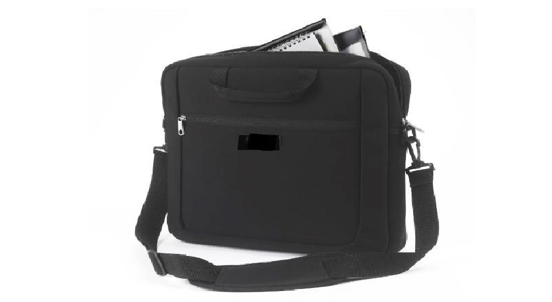 A LAPTOP BAG, WITH THE OUTER SURFACE MADE OF NEOPRENE, WITH NO TEXTILE COVERING. SECURED BY A ZIP, WITH A SOFT FLEECE LINING INSIDE. IT HOLDS DEVICES OF 15.6"/39.6CM, WITH ADDITIONAL ROOM FOR CHARGING CABLES, ASSOCIATED LAPTOP ACCESSORIES, AND SMALL FILES OR DOCUMENTS. THE BAG HAS A FRONT POCKET THAT IS ALSO SECURED BY A ZIP. THE BAG HAS REINFORCED CARRY HANDLES, ALONG WITH A DETACHABLE PADDED SHOULDER STRAP. THE BAG IS BLACK IN COLOUR. DIMENSIONS HEIGHT 400 MM X WIDTH 350 MM X DEPTH 60 MM.