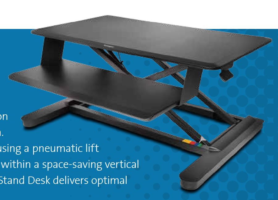 DESKTOP SIT/STAND WORKSTATION, FULLY ADJUSTABLE WORK STATION COMPRISING SEPARATE MONITOR & KEYBOARD PLATFORMS. SURFACES FOR MONITOR AND MOUSE/KEYBOARD ETC ARE OF MDF. FRAME AND BASE ARE MADE OF METAL. WORKSTATION FITTED WITH A PNEUMATIC LIFT TO ALLOW HEIGHT TO BE ADJUSTED QUICKLY AND EASILY TO ACCOMODATE A SITTING OR STANDING POSITION FOR THE USER. PRODUCT IS DESIGNED TO SIT ON A DESK.
