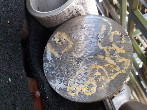 THIS PRODUCT AS PER THE UNIFIED NUMBERING SYSTEM, IS A CONDITION HEAT TREATED STAINLESS STEEL ROUND BAR.  THIS FORGED BAR IS FROM AN INGOT AND PEELED TO SIZE.  THE STAINLESS STEEL BAR IS NOT FURTHER WORKED THAN HOT-ROLLED, HOT-DRAWN, EXTRUDED, BUT IS HEAT TREATED TO ACHIEVE MECHANICAL PROPERTIES.  THE STAINLESS STEEL BAR CONTAINS 2.5% OR MORE OF NICKEL.

THE DIMENSION OF THE STAINLESS STEEL ROUND BAR ARE A DIAMETER OF 4.75 INCHES (120.65 MM), WITH A TOTAL WEIGHT OF 695 KG