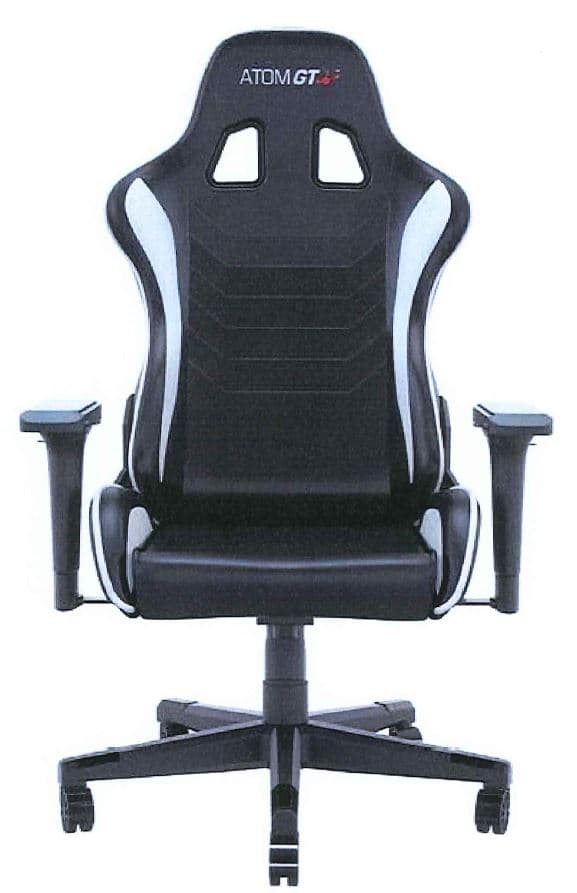 GAMING CHAIR - ATOM GT SWIVEL GAMING CHAIR - BLACK IN COLOUR WITH WHITE TRIM. DENSELY PADDED COLD CURED FOAM SEAT. UPHOLSTERED IN PU LEATHER. FRAME THICKER GRADE STEEL. LIGHTWEIGHT NYLON BASE & 60 MM CASTORS. ADJUSTABLE HEIGHT, ARM REST & RECLINING BACK REST.